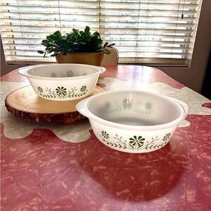 Vintage Glasbake 2 Quart Green Daisy Milk Glass Floral Baking Dish Set of 2